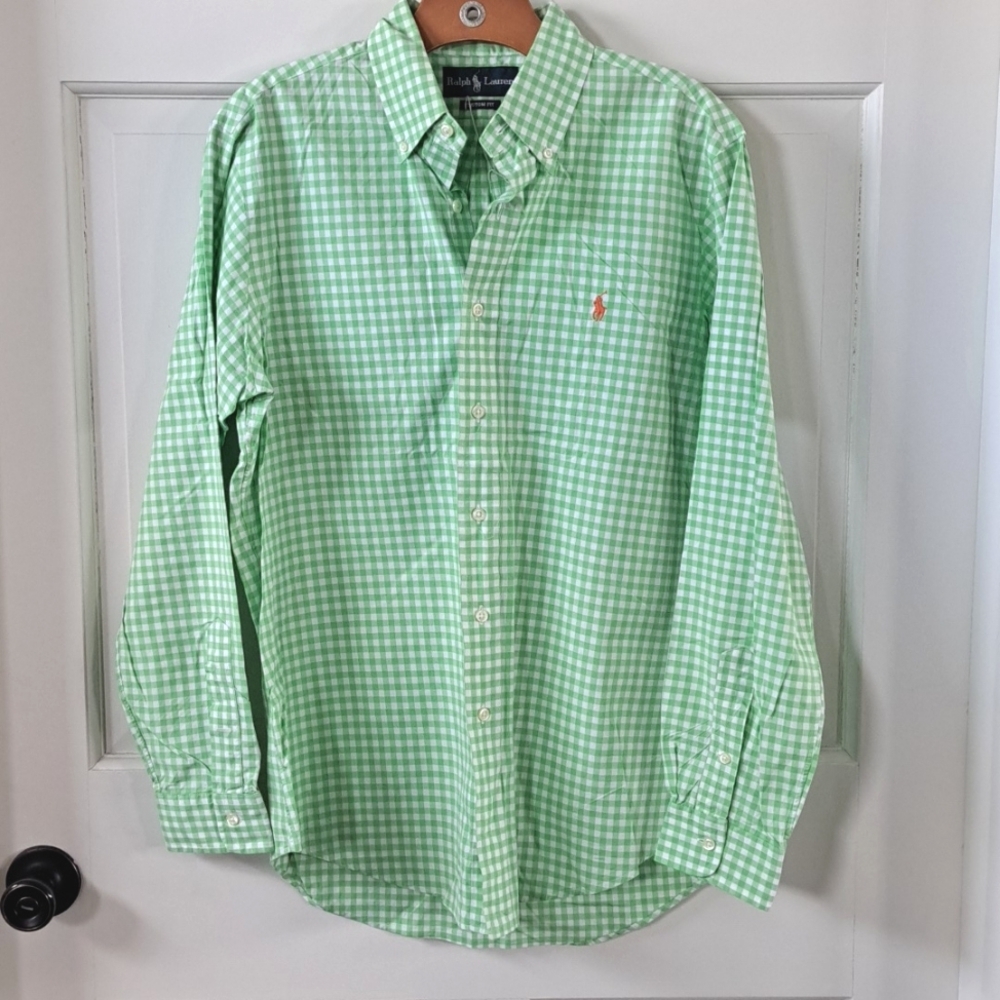 New Ralph Lauren Custom Fit Cotton Green Checkered Men's Button Down Shirt